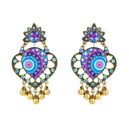 Retro Style Mandala Flower Pattern Heart-shaped with Tassel Beads Drop Dangle Earrings for Women