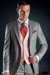 Classic Design Light Grey Groom Tuxedos Notch Lapel Two Button Groomsmen Mens Wedding Suits Excellent Man Suits(Jacket+Pants+Vest+Tie) 715