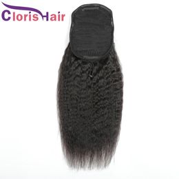 Coarse Yaki 100% Human Hair Ponytail Extensions Clips In Malaysian Virgin Kinky Straight Bun Drawstring Ponytail For Women Natural Colour