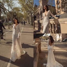 Julie Vino Wedding Dresses Sexy V Neck Lace Appliqued Bridal Gowns Long Sleeve Backless Sweep Train Mermaid Beach Wedding Dress