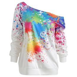 LANGSTAR Women Autumn Spring Long Sleeve Casual Sweatshirt Paint Skew Neck Sweatshirt Female Pullovers Loose Streetwear