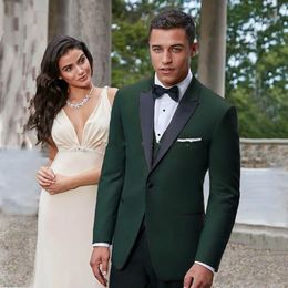 New Handsome One Button Dark Green Wedding Groom Tuxedos Peak Lapel Groomsmen Men Suits Prom Blazer (Jacket+Pants+Vest+Tie) 066