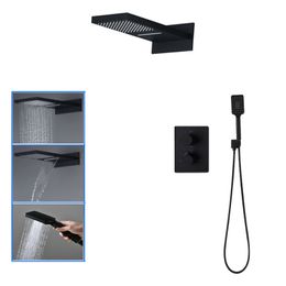 Bathroom Black Shower Set Wall Mount Rainfall Waterfall ShowerHead 3-Way Brass Thermostatic Mixer Valve Shower Faucets Tap