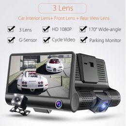 3 lens driving recorder car DVR digital dash camera 4" display FHD 1080P video front 170° rear 140° interior 120° night vision