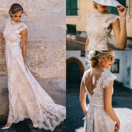 Vintage Champagne Lace Bohemian Wedding Dress A Line Cap Sleeve Backless Bow Sash Wedding Bridal Gown Vestidos de Novia 2020