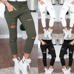 Frauen Denim Skinny Jeans Hosen Löcher zerstört Knie Bleistift Hosen Freizeithosen schwarz weiß Stretch zerrissene Jeans