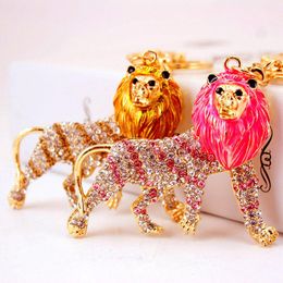 Animal Lion Shape Keychain Holder Drip Oil Alloy Rhinestone Crystal Pendant Key Chains Cool Lobster Clasp Women Handbag Charms