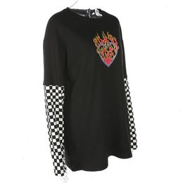 Fashion--Patchwork Long Sleeve Flaming Heart Plaid Print Sweatshirt Autumn Winter Casual Black Checkboard Pullover Hoodies Drop Shipping
