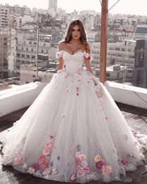 Luxury Ball Gown Wedding Dresses 2020 Sweetheart Off Shoulder Pink Flower Bridal Gown Backless Sweep Train Bride Dress Plus Size333u