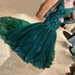2020 Dark Green Lace Mermaid Long Sleeve Prom Dresses Evening Gowns V-neck Applique Special Occasion Dress Plus Size Women Formal Dress