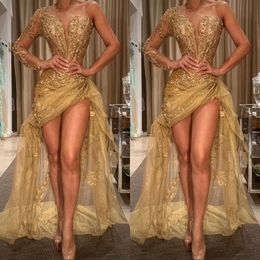 Shiny Gold One Shoulder Prom Dresses 2020 Sequined Appliques Long Sleeves Mermaid Evening Dress African Party Vestido