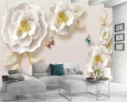 Custom 3d Flower Wallpaper HD Jade Carving White Painted Gold Flowers Color Butterfly Custom Clear Comfortable Silk Mural Wallpaper