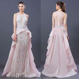 New Evening Pink Dresses Illusion Jewel Neck Lace Appliqued Beads Formal Prom Gowns Sweep Train Party Pageant Dress