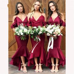 Dark Red High Low 2019 Bridesmaid Dresses Off Shoulder Boho Short Sleeves Mermaid Style Wedding Guest Dress Maid Of Honor Gowns Custom Made