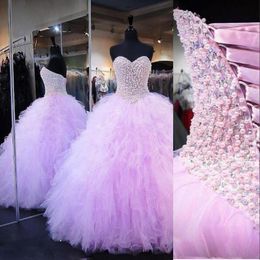 2021 Sexy Lilac Quinceanera Ball Gown Dresses Sweetheart Beaded Pearl Tulle Tiered Ruffles Corset Back Plus Size Formal Party Prom Evening Gowns