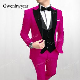 Gwenhwyfar Wedding Men Suits 2019 New Designs Gentleman Velvet Lapel Slim Fit Hot Pink Party Groom Tuxedo For Men 3 Pieces Suit