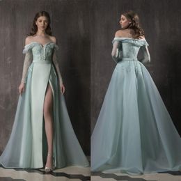 Sage Long Sleeves Lace Prom Dresses Off The Shoulder Overskirt Side Split Formal Dress A Line Floor Length Organza Evening Gowns