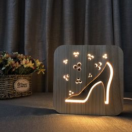 solid wood carving highheeled shoes shape led night lamp creative wood gift night light usb power supply