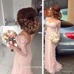 2019 Light Pink Colour Bridesmaid Dress Fashion Mermaid Lace Long Sleeves Maid of Honor Dress Wedding Guest Gown Custom Made Plus Size