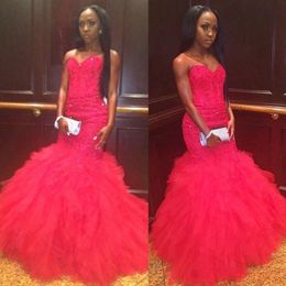 South African Mermaid Prom Dresses Beads Sequins Tiered Skirt Mermaid Evening Gowns Lace Up Back Custom Made Formal Black Girls Party Dress