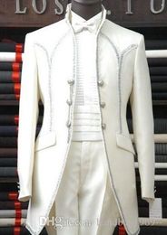 Real Picture Three Button White Groom Tuxedos Stand Collar Man Party Coat Mens Blazer Trousers Suits (Jacket+Pants+Bow Tie) D:399