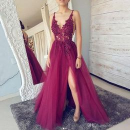 Sexy Long Prom Dresses Spaghetti Straps V Neck Open Back Front Split Tulle Beaded Pearls Formal Party Dress ogstuff Vestido De Fiesta