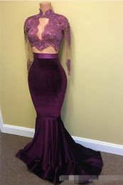 Grape Newest Purple Two Piece Prom Dresses Long Illusion Sleeveshigh Neck Lace Applique Beaded Veet Custom Made Formal Evening Gowns