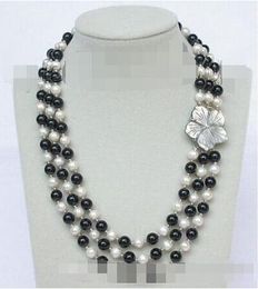 Genuine 17"-20" 8mm 3row round white freshwater pearl black agate necklace e1780