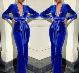 2020 Winter Royal Blue Velvet Prom Evening Jumpsuit Dresses Long Sleeve Deep V-neck Ribbon Women Pantsuits Bridesmaid Bridal Party Dress