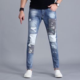 Summer Ripped Patch Jeans Men Streetwear Blue Thin Jean Patchwork Stretch Denim Pants 2020 Fashion Slim Fit Distressed Trousers