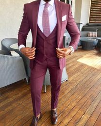 Brand New Groomsmen Peak Lapel Groom Tuxedos Burgundy Men Suits Wedding/Prom/Dinner Best Man Blazer ( Jacket+Pants+Tie+Vest) G248