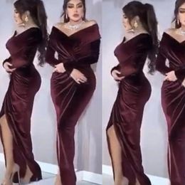 Velvet prom dresses 2020 burgundy front slit pleats floor length evening dresses arabic evening gowns