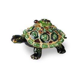 -Schildkröte Schmuckstück Schmuckschatulle mit funkelnden hellgrünen Kristallen, Metall Schmuckschachtel handbemalt Figur Sammler Ring Halter