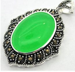 Free Shipping Natural Green Bead 925 Sterling Silver Marcasite Necklace Pendant 27*430mm