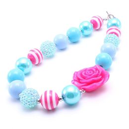 Pink Color Rose Flower Kid Chunky Necklace Fashion Toddlers Girls Bubblegum Bead Chunky Necklace Jewelry Gift For Children