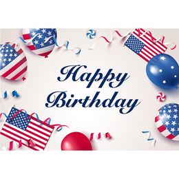 Happy Birthday Backdrop Printed American Flags Balloons Candies Confetti Pieces Kids Children Party Theme Photo Booth Background