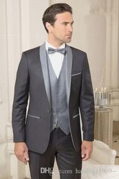 Latest Design One Button Charcoal Grey Groom Tuxedos Shawl Collar Man Prom Dress Mens Wedding Suits (Jacket+Pants+Vest+Tie) D:282