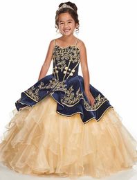 New Flower Girls Dresses Spaghetti Straps Lace Appliques Embroidery Tiered Organza Floor Length For Children Kids Birthday Party Dresses