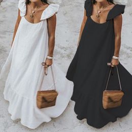 Vestido feminino 2020 verão babados vestido de verão boêmio sólido maxi casual solto feminino sem mangas robe longo vestidos plus size