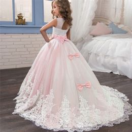 Splendida rosa Flower Girl Dresses raso bambini abiti da sera con maniche lunghe Perle di sfera ragazze Pageant Abiti