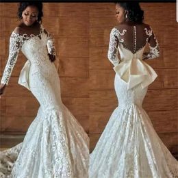 Plus Size Wedding Dresses African Sheer Neckline Long Sleeves Mermaid Wedding Dress Back Covered Buttons Bow Back Bridal Vestidos Gowns