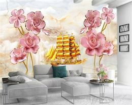 3d Wallpaper Living Room Golden Sailboat Pink Painting Gold Flowers Digital Printing HD Decorative Beautiful Wallpaper