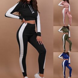 Nowe Kobiety Dres Paski Zestaw Jogi Z Kapturem Crop Top High Waist Spodnie Sportswear 2 Sztuk Sport Suit Bluza Spodnie Kombinezon