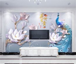 Custom Photo Wallpaper 3d Embossed Flowers, Modern And Simple Peacocks Living Room TV Background Bound Wall Painting Wallpaper