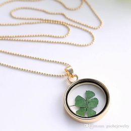 New Design arrivals handmade glass dry real Four Leaf Clover dome necklace summer girl cool Jewellery