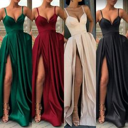 Dubai Middle East Cheap Sexy Dresses Black Dark Red Royal Blue Champagne Spaghetti Straps For Women High Split Satin Formal Prom Gowns