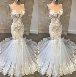 Sexy 2019 Mermaid Dresses Spaghetti Lace Bridal Gowns With Appliqued Sweep Train Illusion Sleeveless Princess Wedding Dress Custom 0505