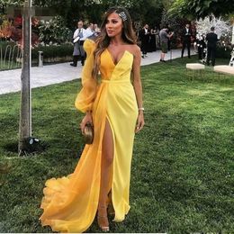 Yellow Dubai Formal Evening Gowns Long Sleeve One Shoulder Party Dress Sexy High Split Chiffon Long Prom Dresses