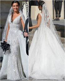 Classic Mermaid Wedding Dresses V Neck Appliques Sequins Lace Custom made Bridal Gowns With Long Detachable Sweep Train Robes De Mariée