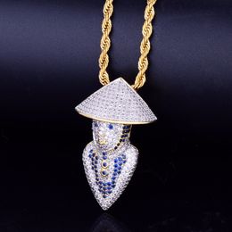 Wholesale-Wearing Bamboo Hat Fishman Pendant Zircon Copper Necklace Men Jewelry With Gold White Gold Plated Tennis Chain Necklace Jewelry